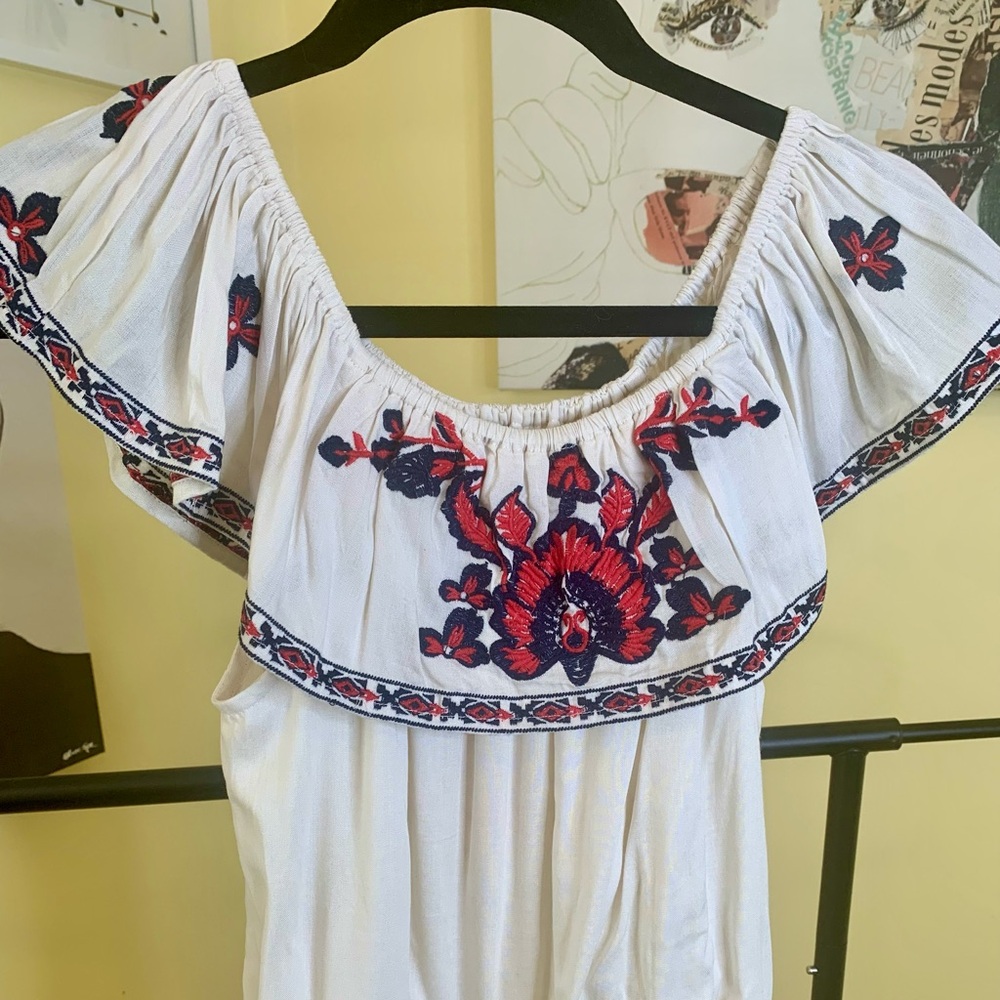 💫HP‼️💫 NWT RAGA (Anthropologie) Off-Shoulder Embroidered Jumpsuit in Ivory, Med - Picture 7 of 9